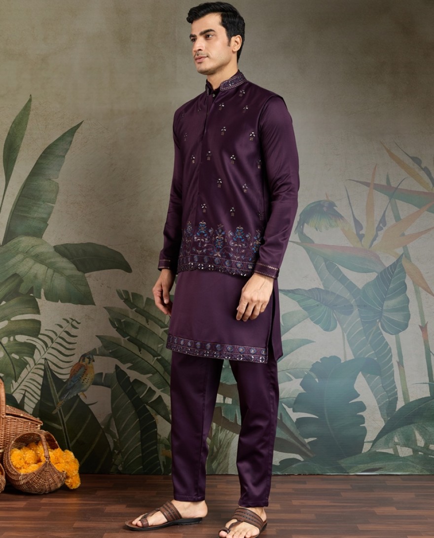 61105-PURPLE - Royal Plum Embroidered Kurta Set for Men